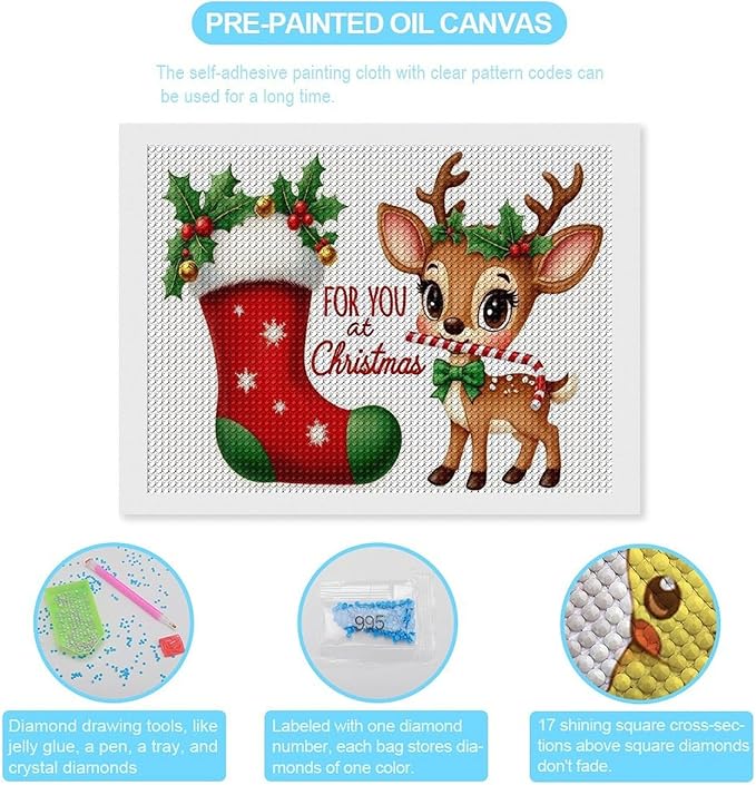 AIVKIEJK Diamond Painting Kits for Adults - Deer Sugar Bell Holiday Christmas Painting DIY 5D Full Drill Diamond Dots Paintings with Diamonds Gem Art and Crafts Home Decor 12"x16"