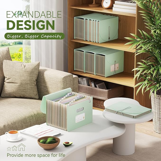 EcoStash Accordion File Organizer, 12-Pocket Wheat Straw Expanding File Folder, Portable Monthly Bill & Tax Receipt Organizer, Letter/A4 Size Document Holder with Colorful Tabs-Mint Green