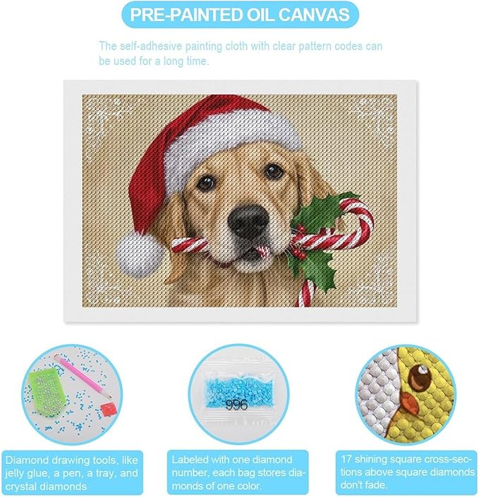 Diamond Painting Kits for Adults - Christmas Golden Retriever Puppy in Santa Hat with Candy Cane Painting DIY 5D Full Drill Diamond Dots Paintings with Diamonds Gem Art And Crafts Home Decor 8"x12"