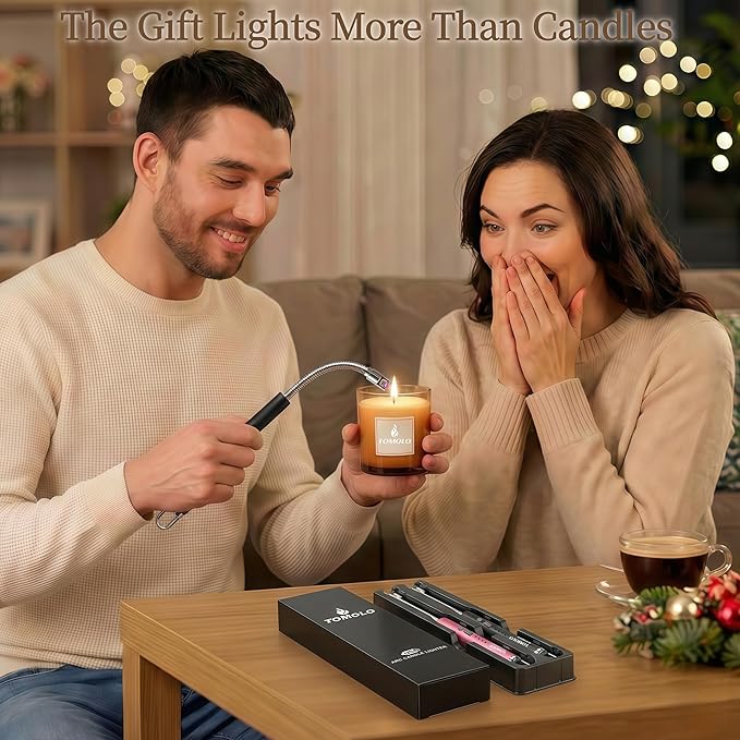TOMOLO Electric Candle Lighter, Long Flexible Neck Lighter with Safety Switch, Windproof Plasma Flameless USB Rechargeable Lighters for Candles, Grill, Camping & Gas Stove, 2-Pack (Black & Champagne)