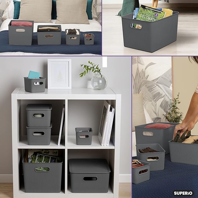 Superio Ribbed Collection - Decorative Plastic Basket Open Home Storage Bins Organizer, X-Large Grey (2 Pack) Container Boxes for Organizing Closet Storage Bins for Shelves 22 Liter/23 Quart
