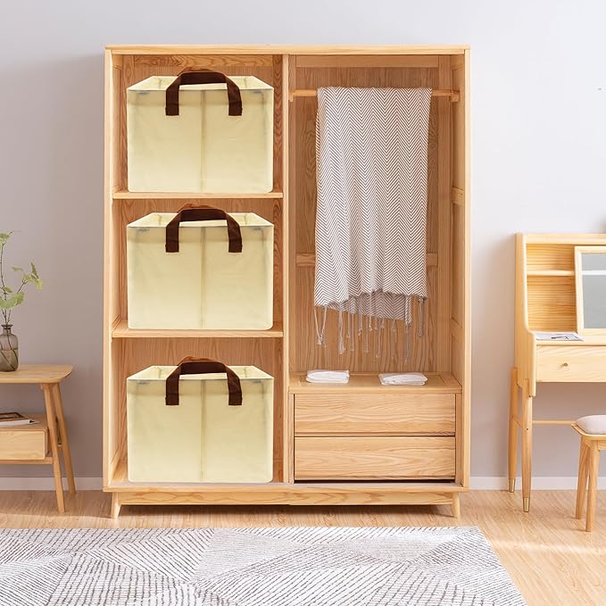 Large Capacity Storage Bins Closet Organizer System, 2PCS Fabric Storage Box with Steel Frame Stackable Shelf Storage Baskets Foldable Wardrobe Storage Box for Clothes Toys (Beige)