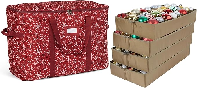 Covermates Keepsakes Adjustable Ornament Storage Bag – Heavy-Duty Polyester, Padded Dividers & FlexGrid Trays – Protective Holiday Ornament Organizer with Handles & Label Window, Red Snowflake
