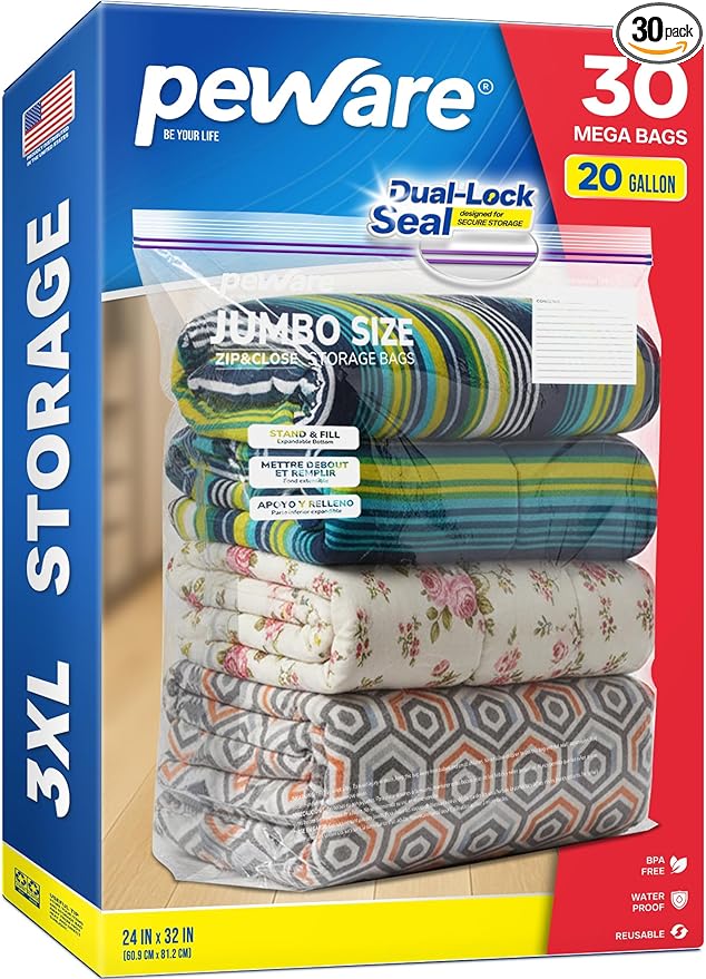Large Storage Bags, 24"x32" Jumbo Plastic Bag, BPA Free, 20 Gallon 3XL Zipper Lock Baggies for Clothes Pillow Travel Moving - 30 Mega Bags