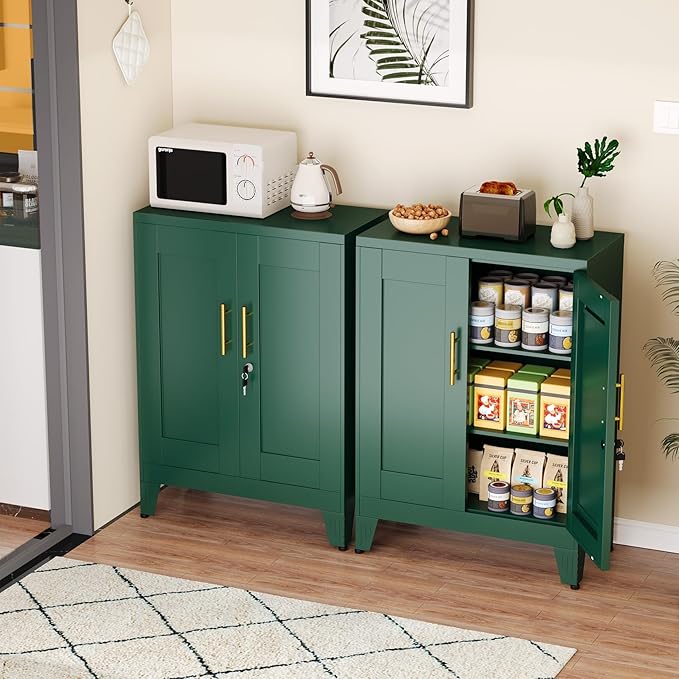 Green Metal Storage Cabinet, 36" Tall Locking Storage Cabinet with 2 Adjustable Shelves, Steel Locker Organizer, for Office, Home, School, 11.81" D x 23.62" W x 35.83" H, 2PS