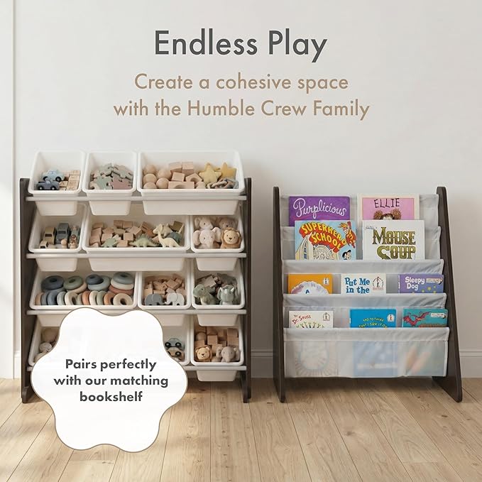 Humble Crew Kids Toy Storage Organizer with 12 Plastic Bins, Espresso/White – Removable Bins for Playroom, Bedroom, Toddler Furniture for Boys and Girls Ages