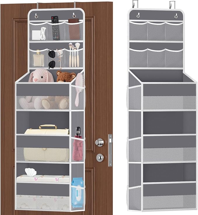 SpaceHacks 5-Tier Over The Door Organizer with Mesh Pockets, Baby Nursery Storage for Closet, Bathroom and Bedroom, Adjustable Hanging Closet Organizer for Cosmetics, Books and Essentials (Dark Grey)