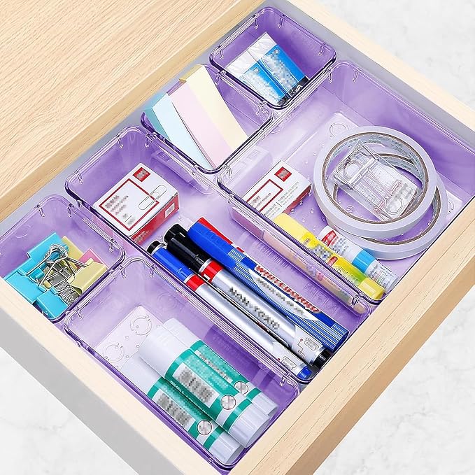 StorMiracle 16 PCS Drawer Organizer Set, 5 Varied Size Bathroom and kitchen Drawer cabinet organizer Trays, Clear Storage Bins for Makeup, Jewelry, Utensils and Gadgets, Purple