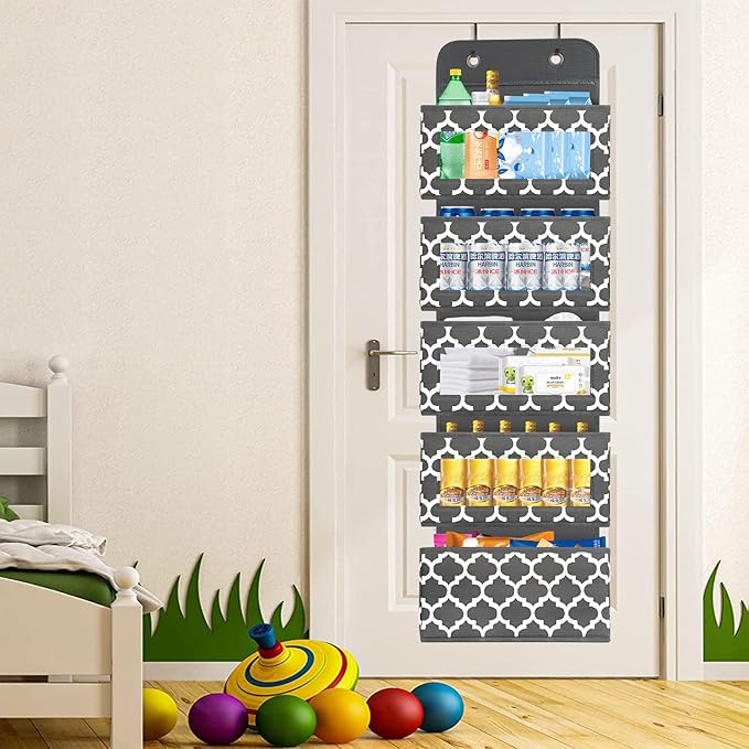 Over The Door Hanging Organizer with 5 Large Pockets - Wall Mount Pantry Storage with Clear PVC Window & 2 Big Metal Hooks for Closet,Bathroom,Nursery,Bedroom,Dorm,Baby Diapers,Kids Toys (Dark Gray)