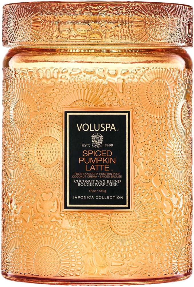 Voluspa Spiced Pumpkin Latte, Large Candle Jar, 18 oz, 100 Hour Burn Time, All Natural Wicks and Coconut Wax for Clean Burning, Vegan, Poured in The USA