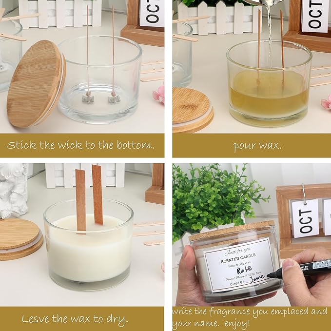 MILIVIXAY 6 Pack 16 oz Candle Jars with Bamboo Lids and Candle Making Kits - 3 Wick Candle Jar,Bulk Empty Clear Thick Glass Jars for Making Large Candles - Spice, Powder Containers.
