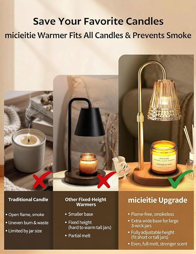 Candle Warmer Lamp with Timer Dimmable 2PCS, Height Adjustable Candle Lamp Warmer for Jar Candles, Housewarming Gift, Birthday Mother's Day Valentines Gifts for Women Mom Wife Bedroom Home Room Decor