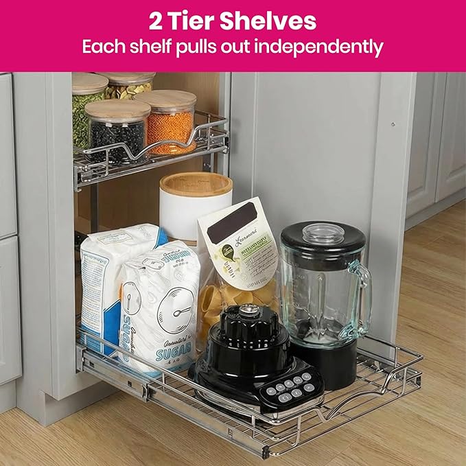 2-Tier Pull-Out Cabinet Organizer with Heavy-Duty Steel Frame, Full-Extension Sliding Shelves, Holds 100 lbs, Easy Install for Kitchen, Pantry & Under Sink Cabinets, 15" W x 21”D x 16.5" H