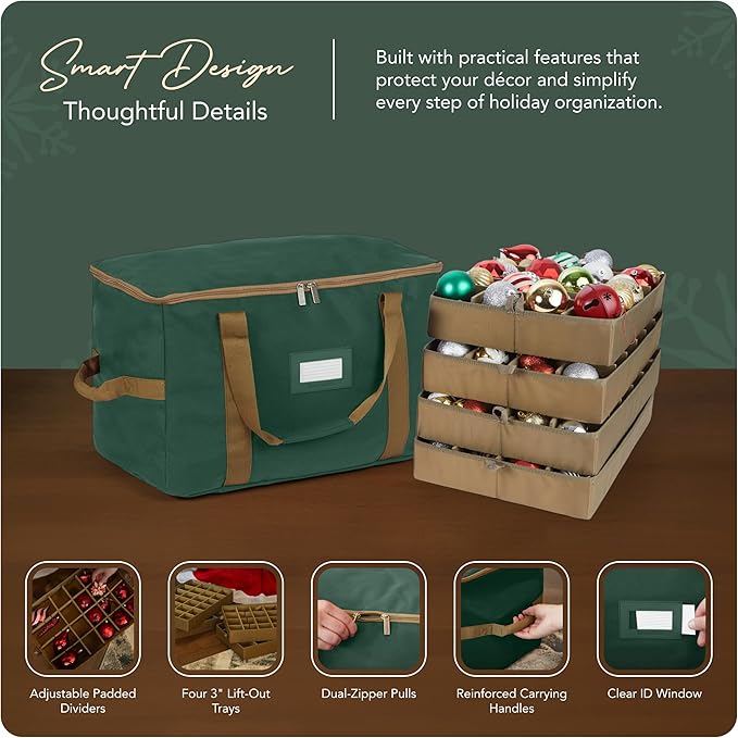 Covermates Keepsakes Adjustable Ornament Storage Bag – Heavy-Duty Polyester, Padded Dividers & FlexGrid Trays – Protective Holiday Ornament Organizer with Handles & Label Window, Green