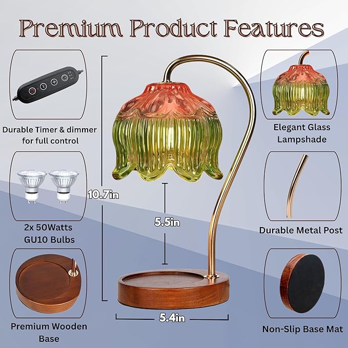 Candle Warmer Lamp with Timer, Dimmable Wax Melt Lamp for Large & Standard Jar Candles, Includes 2 GU10 Bulbs, Elegant Vintage Home Decor Gift for Women & Mom(A1-Pink Green Lotus)