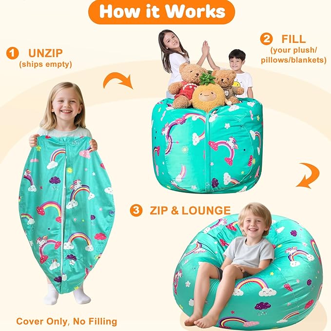 Lukeight Unicorns Stuffed Animals Storage Bean Bag Chair Cover Only (Ships Empty, No Filling) - Velvet YKK Zipper Beanbag Cover for Kids Big kids, Washable Plush Toy Organizer, X-Large 30" D x 18" H