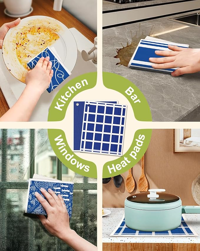 Miss Adola 8 Pack Reusable Kitchen Swedish Dishcloths for Washing Dishes Cloths Absorbent Fast Drying Cleaning Sponge Cute Decorate Washable Swedish Towels, Blue Line