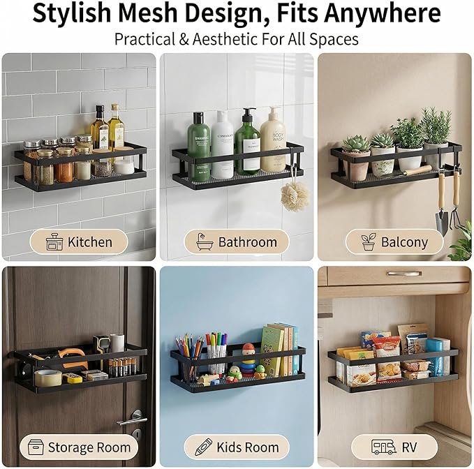 PUSDON Hanging Storage Baskets Organizer Wall Mount, Metal Wire Storage Bin Rack for Kitchen Bathroom Shower Spice Shelf Home Decor Essentials Black-2 Packs(Guardrail)