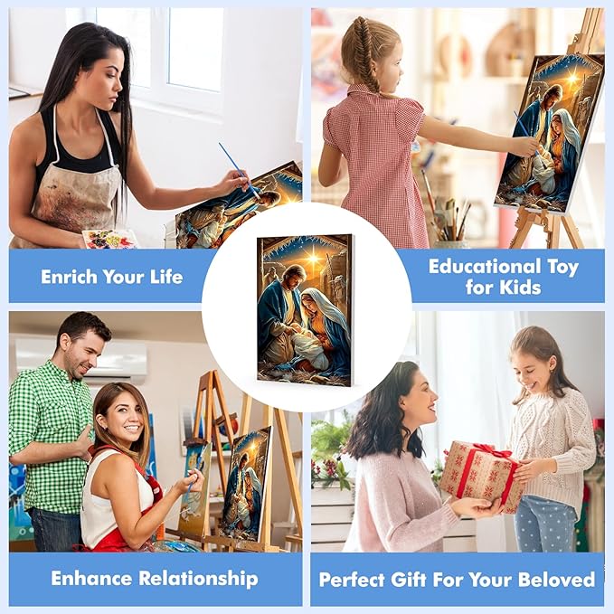 Bowetile Nativity Scene Paint by Numbers for Adults Beginners Framed, Adults' Paint-by-Number Christmas Kits on Canvas, Acrylic Number Painting Christmas Gifts for Home Wall Decor, 8x12in