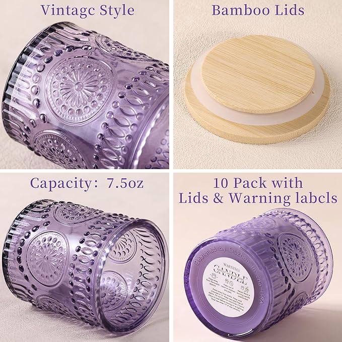 8oz Lavender Glass Candle Jars with Lids for Making Candles Set of 10, Purple Candle Containers, Candle Making Supplies for Candle DIY, Glass Candle Vessels Candle Making Kit, Lavender Decorations