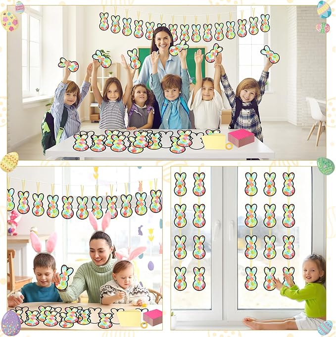 Qyeahkj 36 Set Easter Bunny Suncatchers Crafts for Kids DIY Colorful Rabbits Window Tissue Paper Craft Kit Hanging Decor for Easter Classroom Home Activity Art Project Birthday Party Favor
