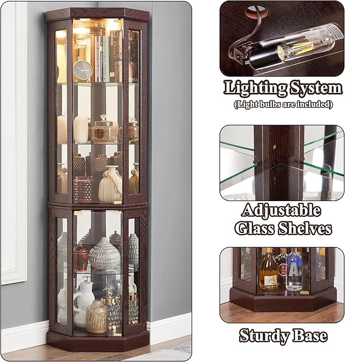 69" H Lighted Curio Cabinet Corner Display Case,Corner Glass Cabinet with Tempered Glass Door and Adjustable Shelves,Wooden Curio case with Mirrored Back Pane (Style 2 - Dark Cherry)