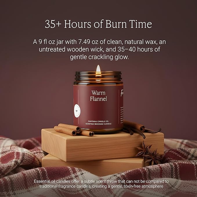 Fontana Candle Co Wood Wick Beeswax Jar Candle, Warm Flannel – Made Safe with Coconut Oil & Pure Essential Oils – 35+ Hrs Clean Burn, Long Lasting and Non-Toxic Candles for Home & Room Décor