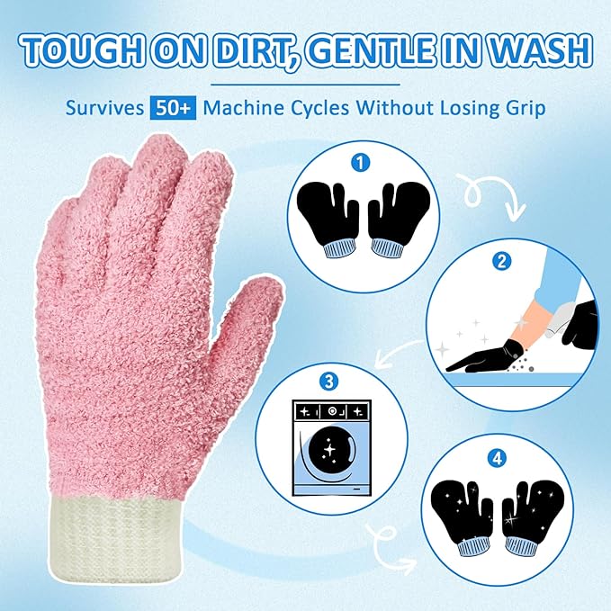 MIG4U Microfiber Dusting Gloves House Cleaning Glove for Blinds, Windows, Shutters, Furniture, and Car, Reusable Lint-Free Pink 1 Pair S/M