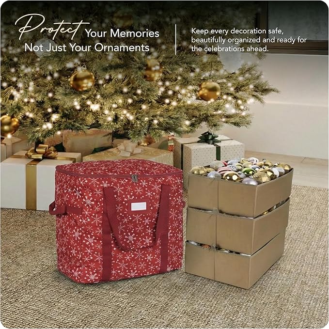 Covermates Keepsakes Adjustable Ornament Storage Bag – Heavy-Duty Polyester, Padded Dividers & FlexGrid Trays – Protective Holiday Ornament Organizer with Handles & Label Window, Red Snowflake
