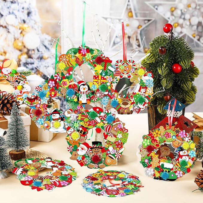 Hollowfly 48 Sets Christmas Wreath Craft Kits for DIY Santa Claus Wreath Hanging Ornaments Make Your Own Paper Xmas Craft with Stickers for Christmas Party Favors School Classroom Activities