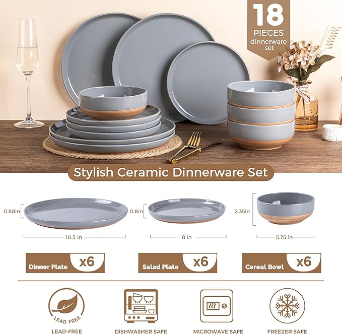 AmorArc Ceramic Dinnerware Sets for 6, 18 Pieces Handpainted Plates and Bowls Set with Rustic Terracotta Underside, Scratch Resistant Stoneware Dishes Set, Dishwasher & Microwave Safe, Gray