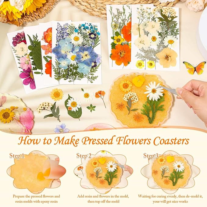 155Pcs Dried Pressed Flowers for Crafts, 6 Sheets Real Dry Florals and Leaves Bulk with Tweezer for Resin Molds Candle Soap Making Scrapbook Bookmarks Frames Supplies Kit Nail Art Makeup Decor