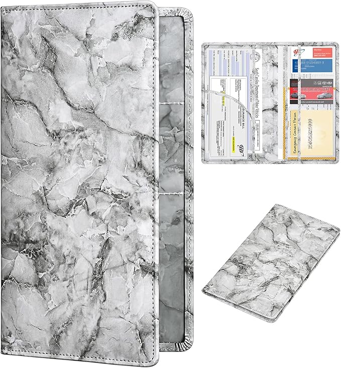 HERRIAT Car Registration and Insurance Card Holder,Marble Leather Vehicle Glove Box Automobile Documents Paperwork Wallet Case Organizer for ID, Key Contact Information Cards,Men&Women