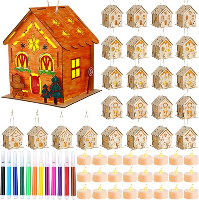 Spiareal 6 Sets DIY Wooden Christmas Gingerbread House Kit with LED Flameless Candles Watercolor Pens Christmas Crafts Wooden Houses to Paint Xmas Tree Ornaments for Fun Activity Art Project