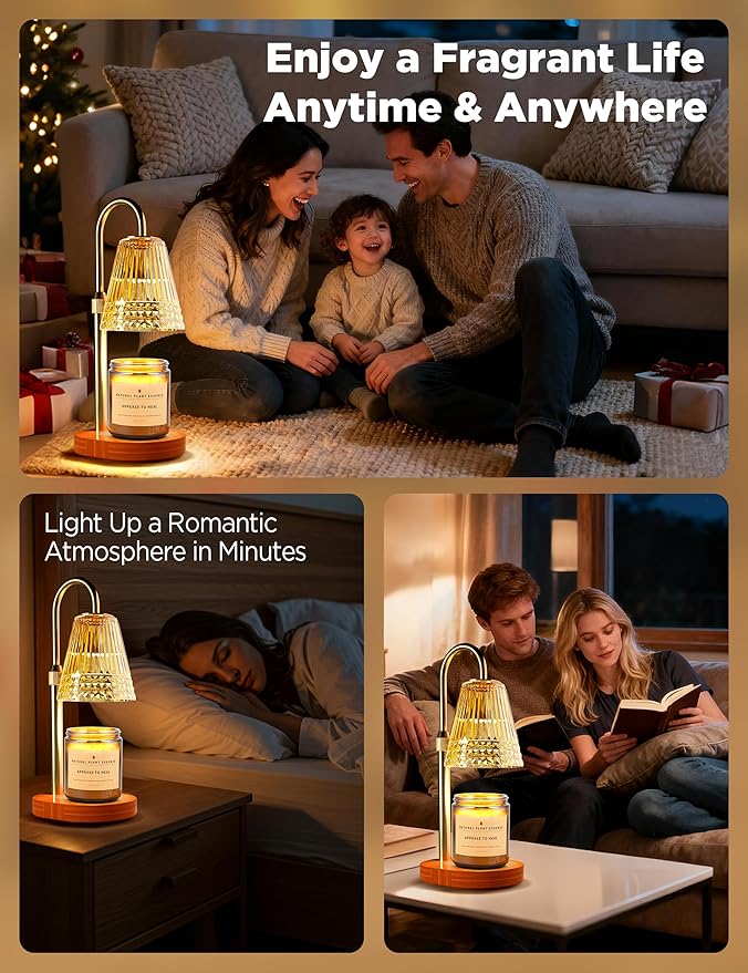 TATAANTY Candle Warmer Lamp with Timer, Wood Base Home Decor Candle Warmers, 4 Lights and 3 Timers. Table Lamp Birthday Gift for Women, Suitable for Bedroom, Offices, and Living Rooms