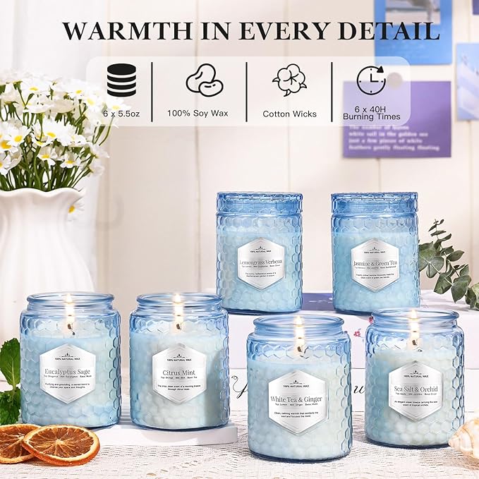 Lake Blue Candles for Home Scented, 6 Pack of 5.5 Oz Natural Soy Wax Candles in Decorative Glass, Home Aromatherapy Gifts Sets for Women Birthday Christmas Refresh & Relaxation