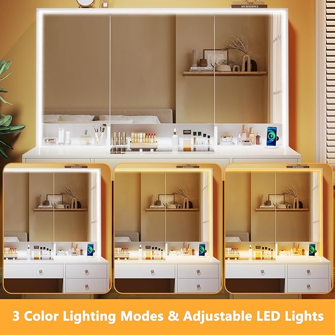 HUAHUU Vanity Desk with Mirror and Lights, 50" Makeup Vanity with Glass Top & Power Outlet, White Vanity with 11 Drawers & 8 Hidden Storage Shelves, 3 LED Lighting Modes Adjustable for Bedroom