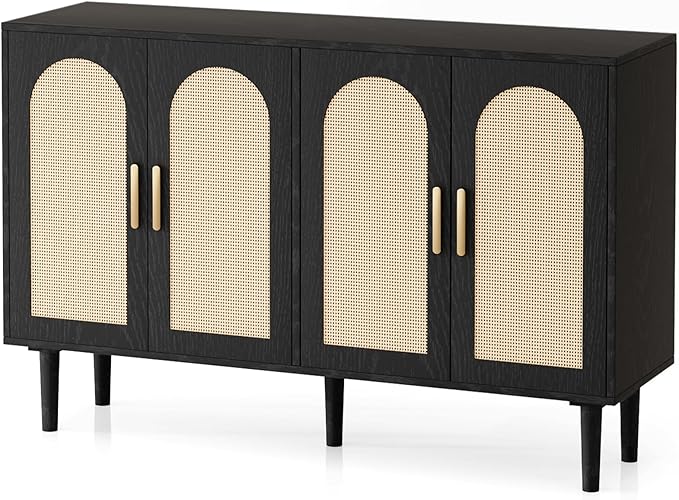 47.2" Rattan Sideboard Buffet Credenza Cabinet, Farmhouse Kitchen Coffee Bar Cabinet with Storage, Boho Accent Buffet Console Table for Entryway Living Room, Dining Room