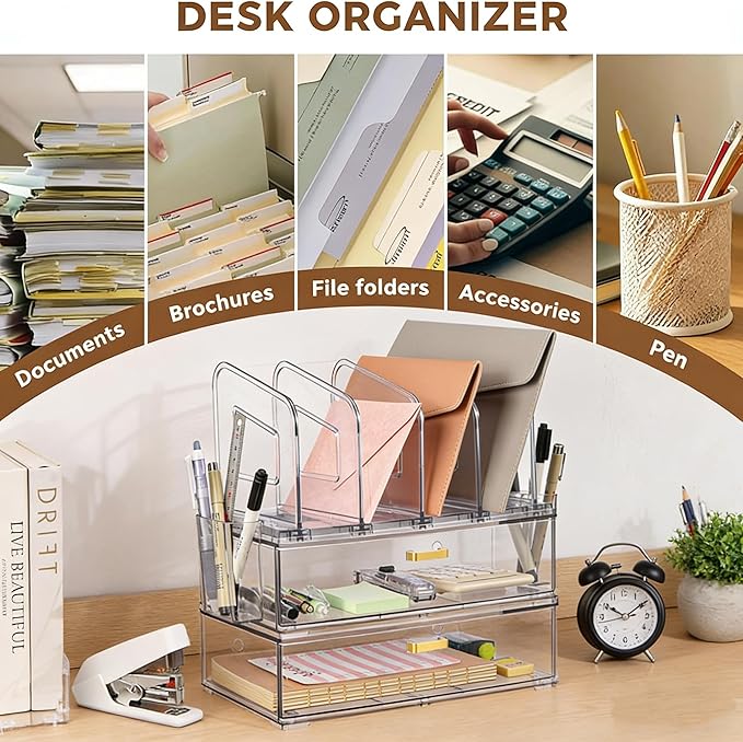 LALOBLUE Acrylic Desk Organizer with Drawer, Office Supplies,Organization Storage, 2 PC Drawer Organizer with 4 File Sorter, Desk Organizers and Accessories, Clear Acrylic File Organizer