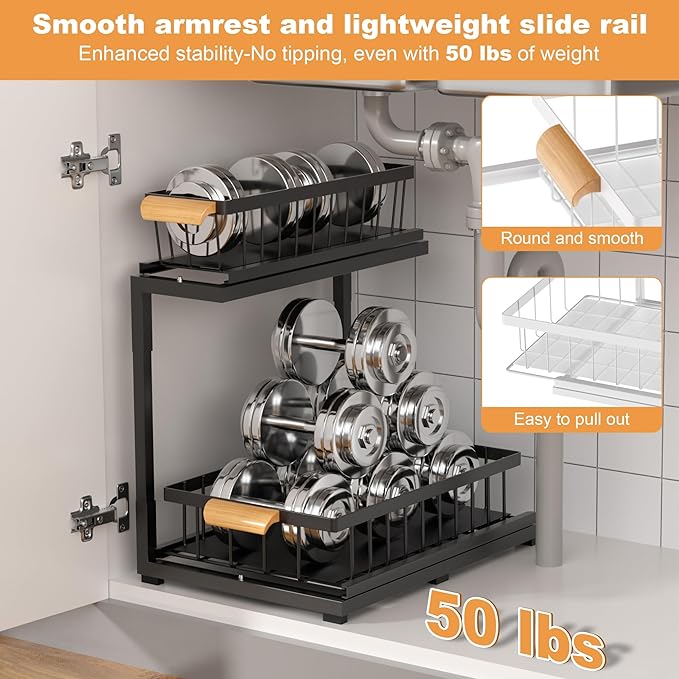 Under Sink Organizer 2 Tier, Pull Out Drawer Slides Under Sink Storage for Bathroom Kitchen,Multi-Purpose Drawer Under Cabinet Organizer for Cleaning Supplies (Black, Large-1 Pack)