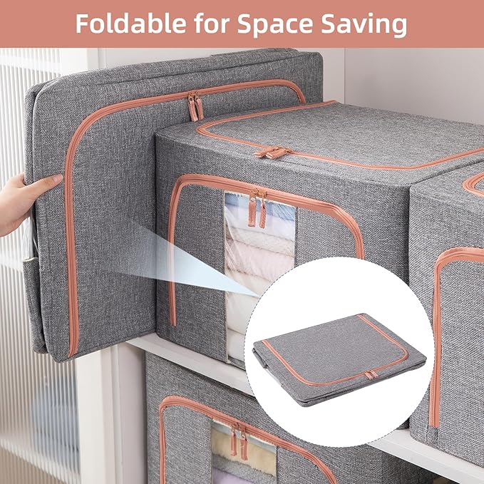 GuliPostan 24L Stackable Clothes Storage Bins with Metal Frame Handles & Zipper, Collapsible Closet Organizer Box with Lid for Bedding Blankets Towel (Grey,1 pack)