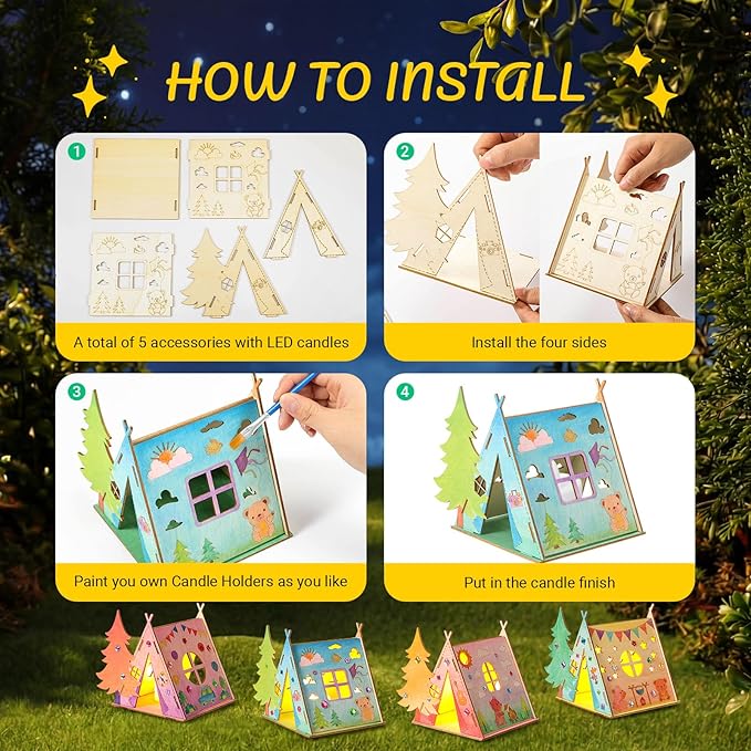 DoubleFill 12 Sets Camping Crafts Paint Camping Wood Tent with Flameless LED Candles and Acrylic Paint Kits for Crafts DIY Picture Frame Gifts Bulk Kids Summer Camp Party Favor for Home Vbs Sunday