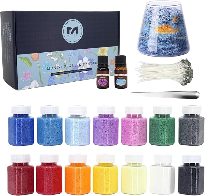 Monivi 14-Color Pearled Candle Sand Gift Set 1.55lb/24.7oz Colored Sand Wax with Glass Jar, 2 Scented Oils, Spoon and 50 Wicks, Wax Sand Beads for Candle Making, Décor, Luxury Gift (14-Color Gift Set)