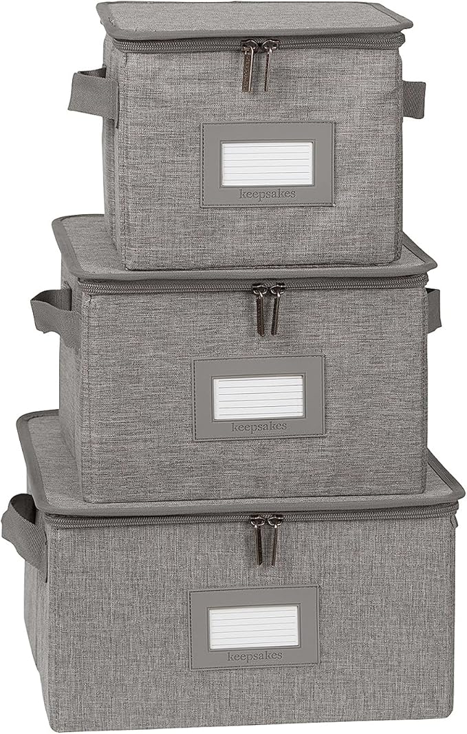 Covermates Dish Storage Box Set – China & Dinner Plate Storage Containers with Felt Dividers, Dual Zippers, Reinforced Handles, ID Window & Stackable Design, Grey Heather