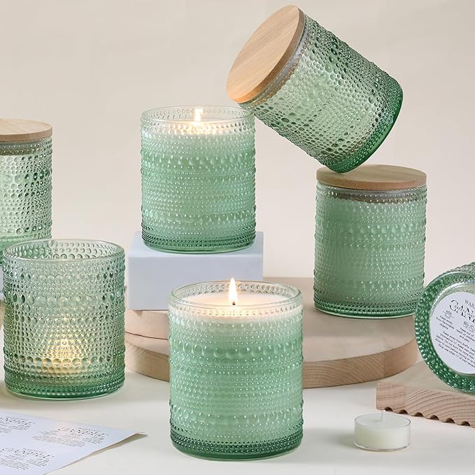 DARJEN 8 Pack Green Candle Jars for Making Candles- 14 OZ Empty Glass Candle Making Jars with Bamboo Lids and Labels, Candle Containers Candle Making Supplies for DIY Gifts