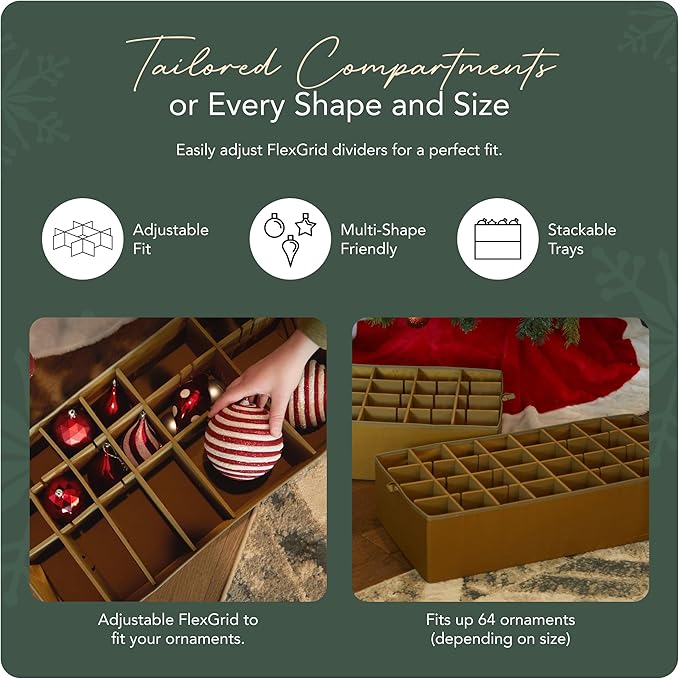 Covermates Keepsakes Adjustable Ornament Storage Bag – Heavy-Duty Polyester, Padded Dividers & FlexGrid Trays – Protective Holiday Ornament Organizer with Handles & Label Window, Red Snowflake
