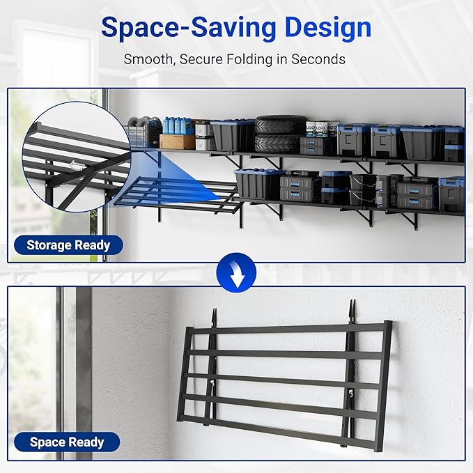 FLEXIMOUNTS Fold-Down 2x4ft Garage Wall Shelving, 2-Pack Heavy Duty Folding Garage Shelving Wall Mounted, 600 lbs Capacity, Storage for Power Tools, Garden Supplies & Seasonal Storage, Lite Series