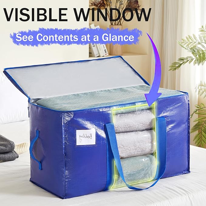 4 Pack Moving Bags Heavy Duty, Large Storage Bags with Visible Window and Zipper, Stronger Wrap-Around Handle and Waterproof Material, Clothes and Blankets Storage, Alternative to Moving Boxes