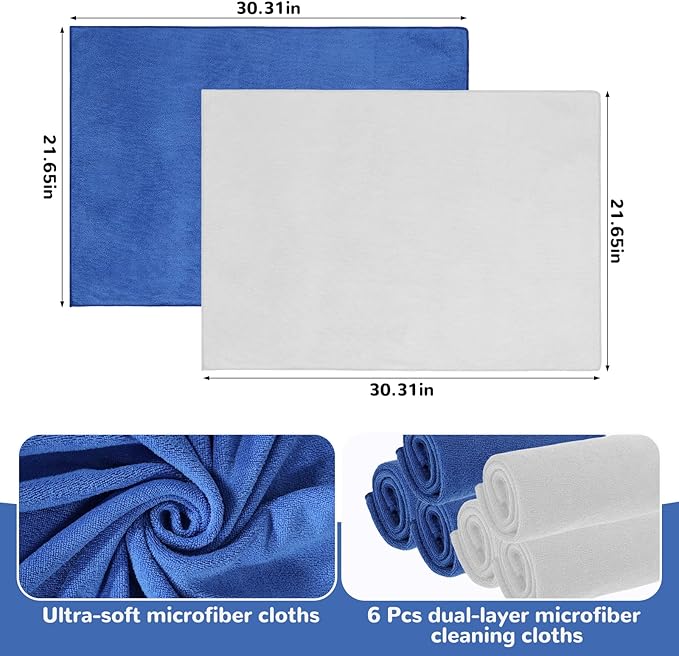 6 Pcs Extra Large Microfiber Cleaning Cloth Reusable Microfiber Towels Thick Washable Cleaning Towel for Home Office Windows Floors and Cars, 30 x 20 Inch (White + Blue)