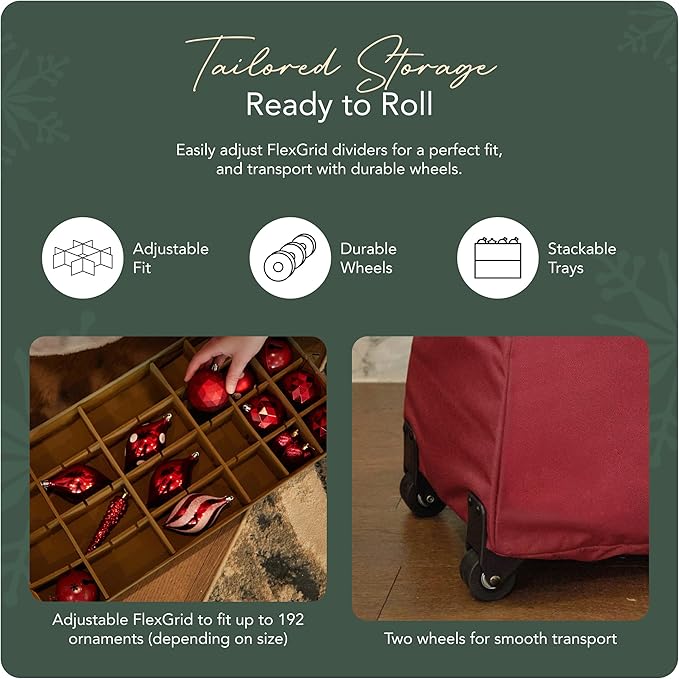 Covermates Keepsakes Rolling Adjustable Ornament Storage Bag – Heavy-Duty Polyester, FlexGrid Trays & Padded Dividers – Protective Holiday Organizer with Wheels, Handles & ID Window, Red